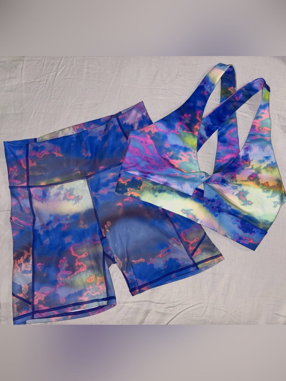 Fabletics Matching Sports Bra & Biker Shorts - Blue Sunset Clouds